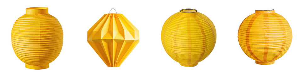 Vibrant glowing yellow paper lanterns hanging in the evening twilight creating a warm and festive atmosphere for a cultural or holiday event