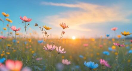 Obraz premium Colorful wildflowers bloom under a golden sunset in a serene landscape