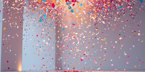 Joyful celebration with colorful confetti shower indoor setting gigapixel standard vibrant atmosphere.
