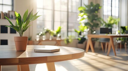 Fototapeta premium Bright Interior with Natural Light and Plants on Wooden Table with Book and Office in Background
