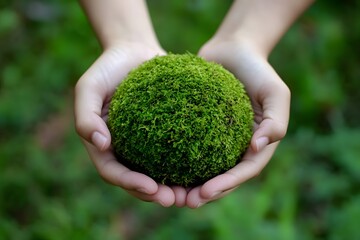 Hand holding small tree on green mossy sphere, symbolizing environmental sustainability