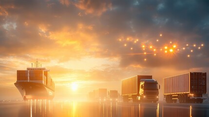Cargo ship and trucks transporting goods across ocean sunset industrial landscape digital illustration maritime environment aerial view overlapping transport modes