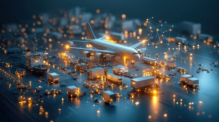 Global interconnected network of airplanes and trucks modern logistics hub digital landscape night scene aerial view transportation efficiency