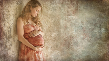 Naklejka premium pregnant woman stands against textured wall, gently cradling her belly, exuding serene and contemplative mood. soft colors enhance emotional depth of moment