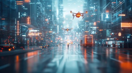 Fototapeta premium Innovative high-tech logistics hub integrating drones planes and trucks in a futuristic urban environment captured from a dynamic street perspective