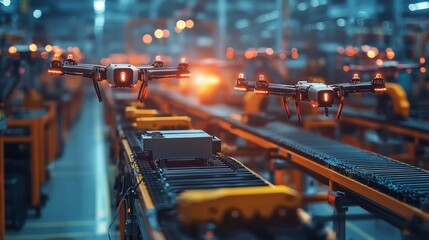 Drones in action at automated warehouse industrial environment aerial view innovative technology for efficient logistics