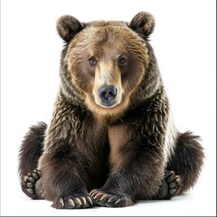 A close-up of a seated bear displaying its thick fur and strong features.