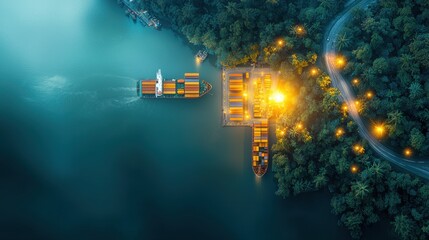 Massive transport operation at a dock during twilight aerial view of shipping containers and vessels serene water environment industrial efficiency