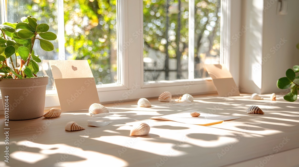 Poster sunlight illuminates seashells and envelopes on a wooden surface near a window with green trees