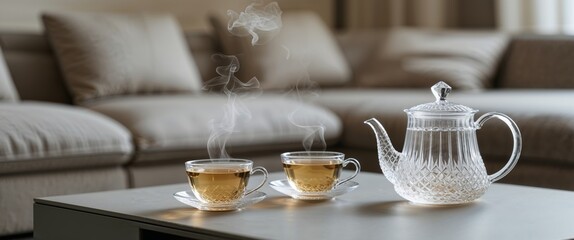 Fototapeta premium two crystal cups of tea and a crystal kettle served on a coffee table in the living room