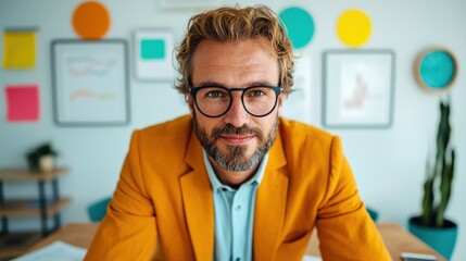 Fototapeta premium Confident businessman with glasses in stylish orange jacket sitting at desk in modern creative office space