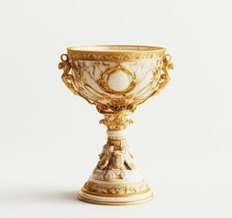 Ornate gilded gold and white porcelain cup on a pedestal with handles and detailed carvings.