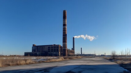 Obraz premium Towering Industrial Smokestacks Billowing Smoke Against Clear Blue Sky