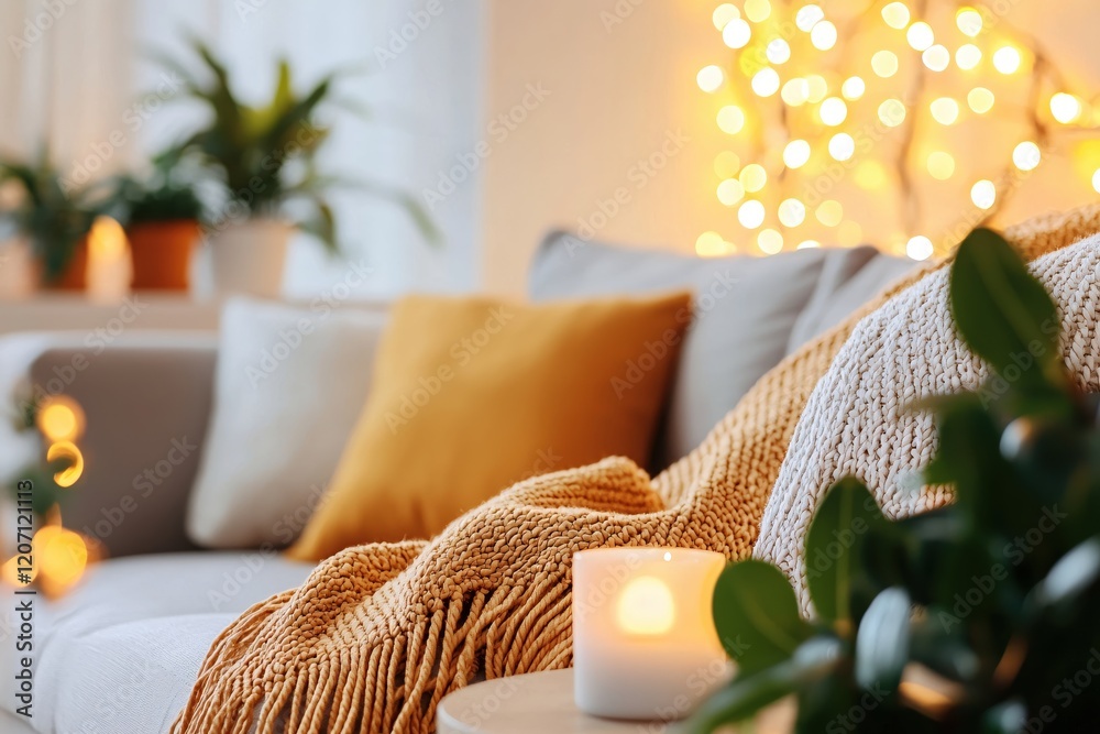 Poster cozy home interior with warm light and soft textures creating a relaxing atmosphere