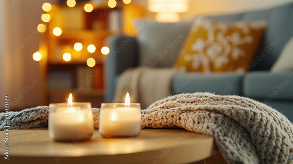 Aufkleber cozy interior scene with candles and soft blanket on a table in a warm and inviting room