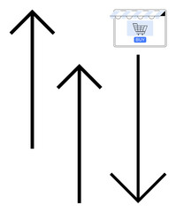 Three thick black arrows pointing in different directions one downward, two upward. Online shopping cart icon at top. Ideal for e-commerce, trends, growth, decline, shopping, market analysis