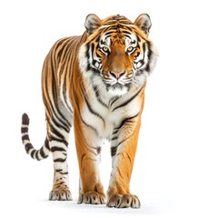 Obraz premium Majestic tiger walking confidently on a white background.