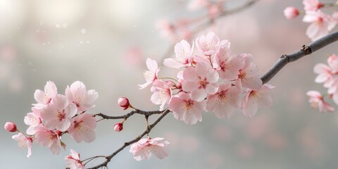 Soft pink cherry blossoms on branches with a serene blurred background