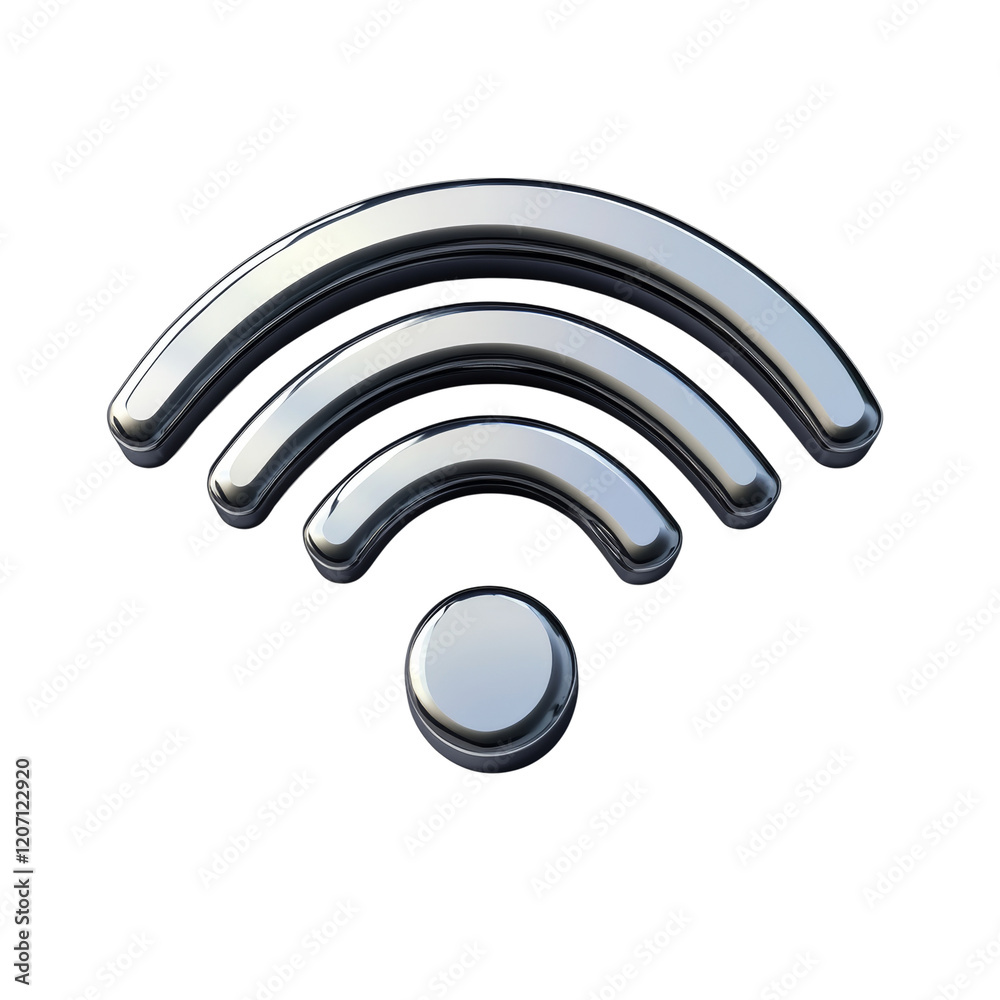 Poster a three-dimensional metallic chrome wifi symbol is shown against a plain white background.