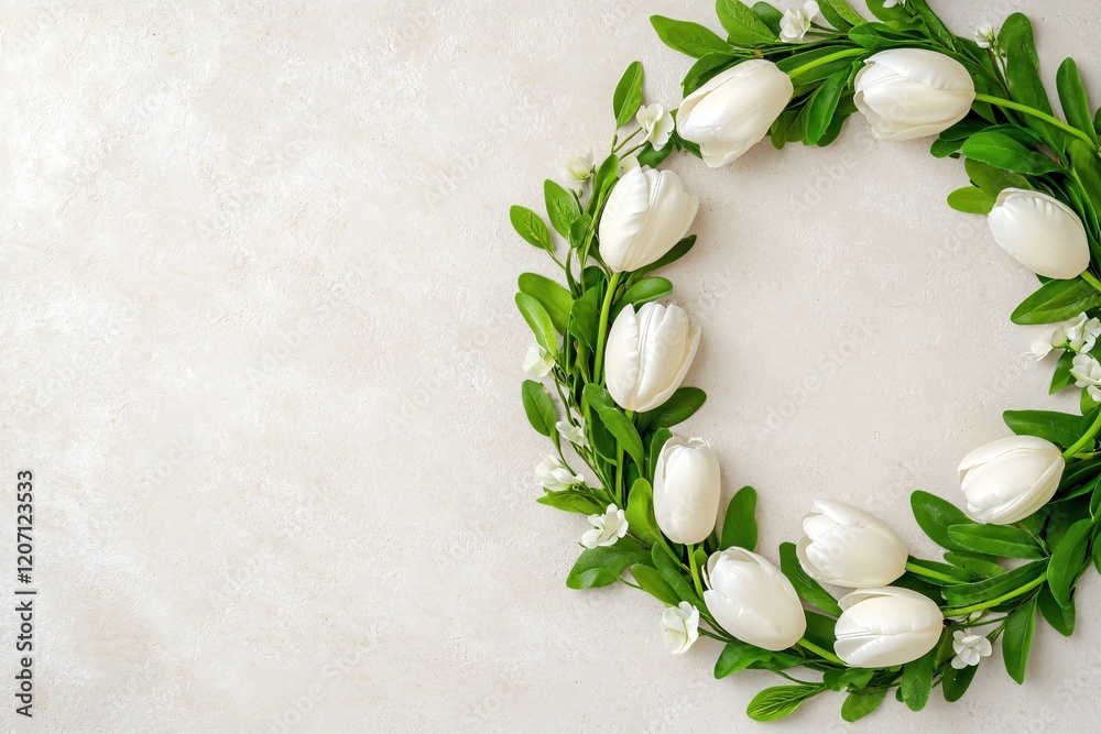 Poster White tulip wreath on textured background with copy space for spring or easter design