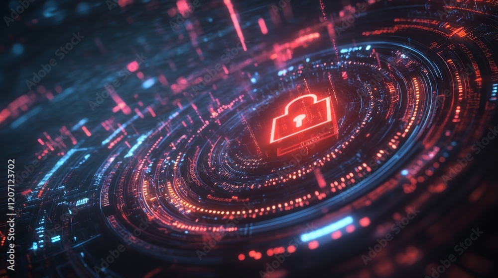 Aufkleber A futuristic digital representation of a secure cloud storage environment, featuring vibrant red and blue neon elements in a circular layout.