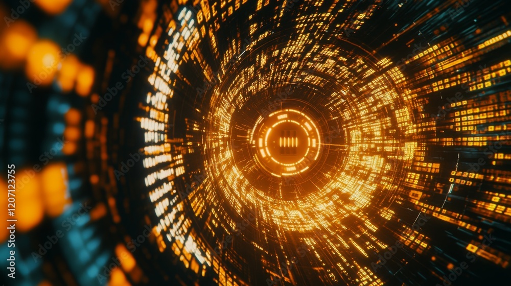 Aufkleber A vibrant, abstract representation of digital data flow, featuring circular patterns and glowing orange elements that evoke a sense of technology and energy.