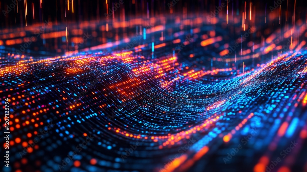 Aufkleber A vibrant, abstract representation of flowing data streams with blue and orange lights, evoking a sense of digital movement and energy.