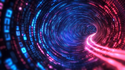 Obraz premium A vibrant digital tunnel with glowing blue and pink data streams, representing movement through technology and information.