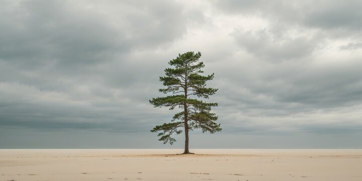 Lonely pine tree growing on sandy ground under cloudy sky
