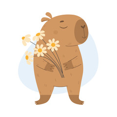 Funny capybara is holding a bouquet of flowers