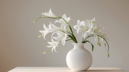 A white vase filled with white flowers sitting on top of a table