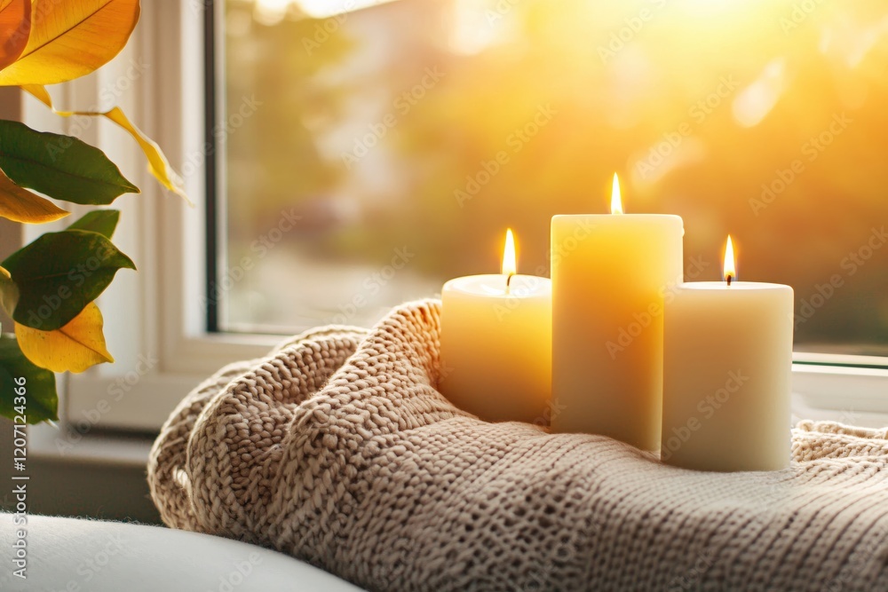 Poster three white candles on a knitted blanket with bright sunlight shining through a window