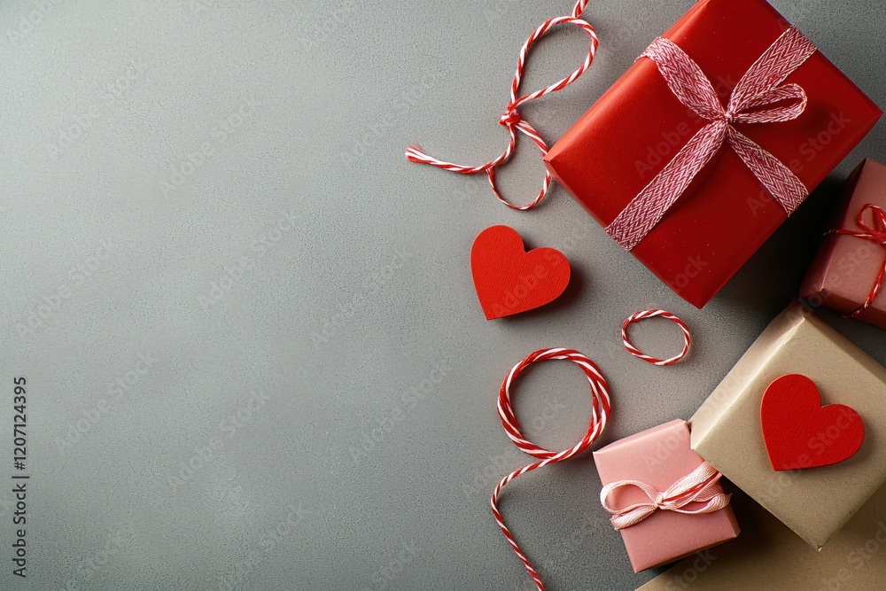 Poster Gift boxes with red hearts and string on a gray background for valentines day or anniversary