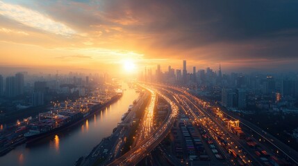 Morning light illuminates global transport hub with docks and containers city skyline aerial view industrial landscape for global trade insights