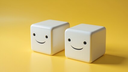 Two smiling white cubes on bright yellow background