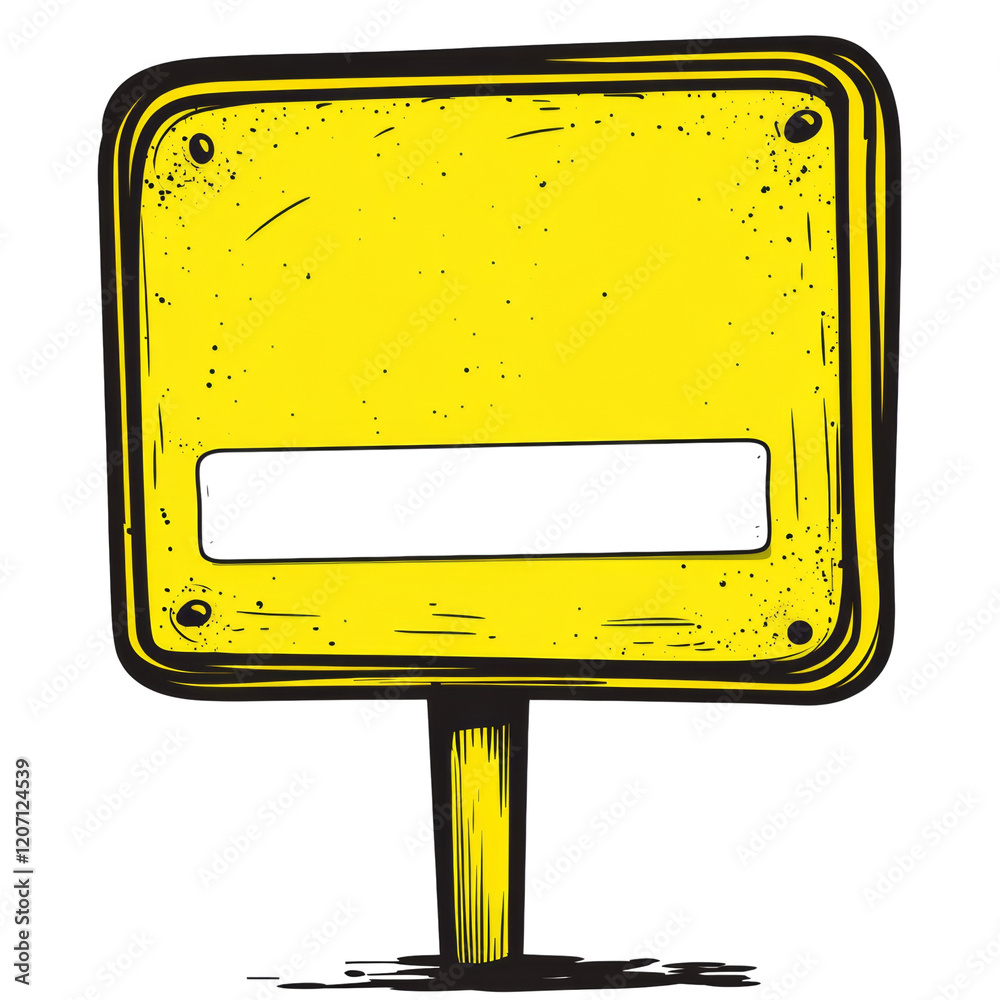 Poster The image shows a hand-drawn illustration of a blank yellow square sign on a post suitable for adding text or graphics.