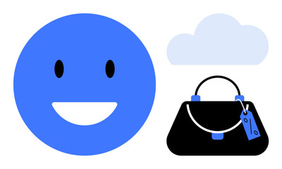 Blue happy face, black handbag with a tag, and light blue cloud. Ideal for themes of happiness, ecommerce, fashion, weather, shopping creativity and communication. Minimalist abstract line flat