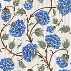 Elegant seamless pattern featuring blue trailing flowers with green leaves and brown stems on a subtle beige striped background. Perfect for fabric, wallpaper, or home decor with a vintage charm.