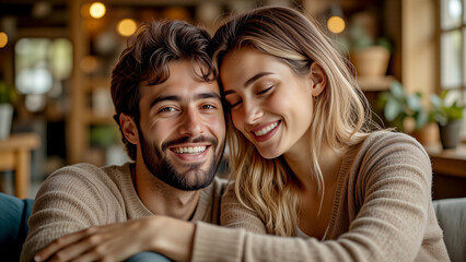 Lovers cuddle together on Valentine's Day, reflecting love and warmth. This intimate moment captures the essence of the relationship and embodies this romantic spirit.