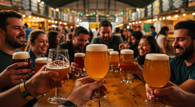 Toast, beer and people, friends at table celebrating with alcohol for party, brewery or oktoberfest. Drinking, happiness and caucasian with cheers or pub event with leisure