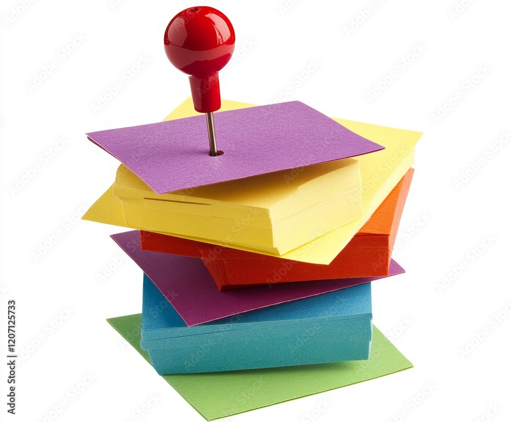 Poster Red pushpin in colorful sticky notes stack.