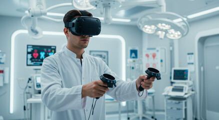 Doctor, vr and virtual reality in hospital for medical, simulation and technology. Healthcare, research and innovation with training, science and future