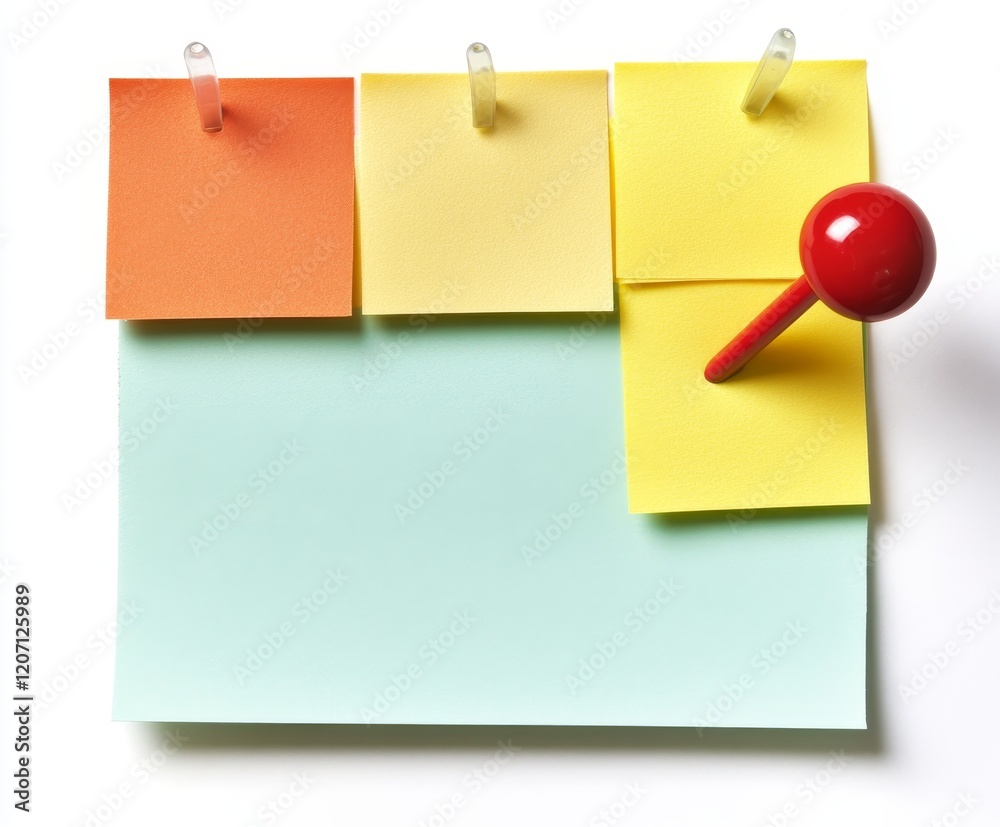Poster Three colorful sticky notes and a large blank one pinned with a red pushpin on a white background.