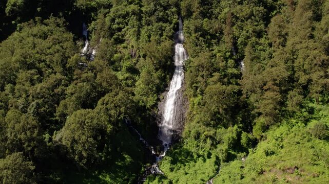 Aerial drone view of the Bridal Veil Waterfall in Salazie, Reuinon Island