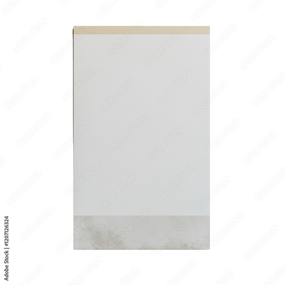 Poster A vertically oriented minimalist panel features a clean white center section bordered by light wood and a textured stone base.