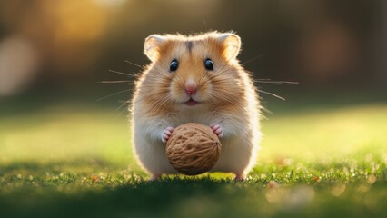 Playful hamster pushes a nut like a soccer ball, enjoying its mini football match. A charming scene of lighthearted fun and adorable antics