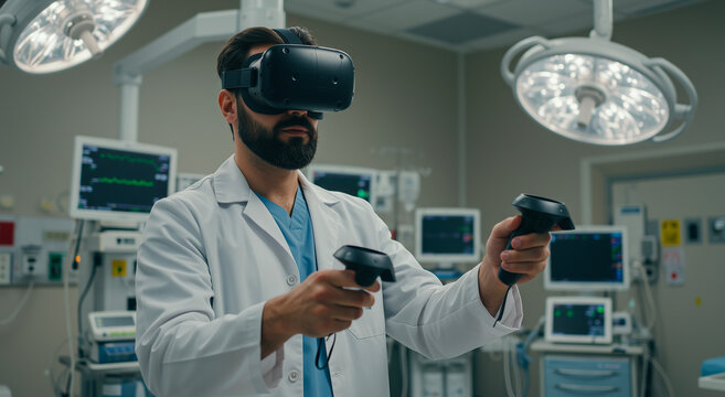 Doctor, vr and virtual reality in hospital for medical, simulation and technology. Healthcare, research and innovation with training, science and future