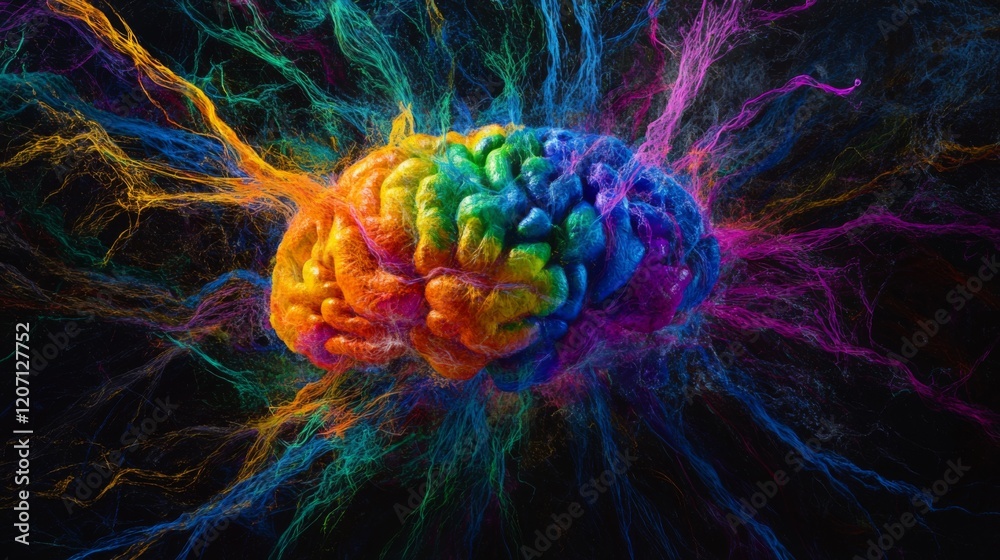 Fototapete an artistic illustration of a brain with vibrant, colorful neural pathways branching out, symbolizin
