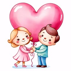 Adorable couple shares a giant heart-shaped balloon, symbolizing love and togetherness. A charming watercolor illustration.