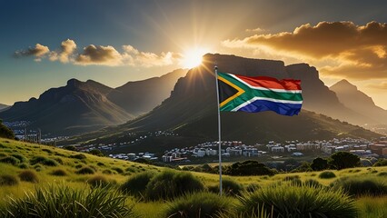 South African flag colors in radiant sunburst over scenic Table Mountain. Travel and culture concept